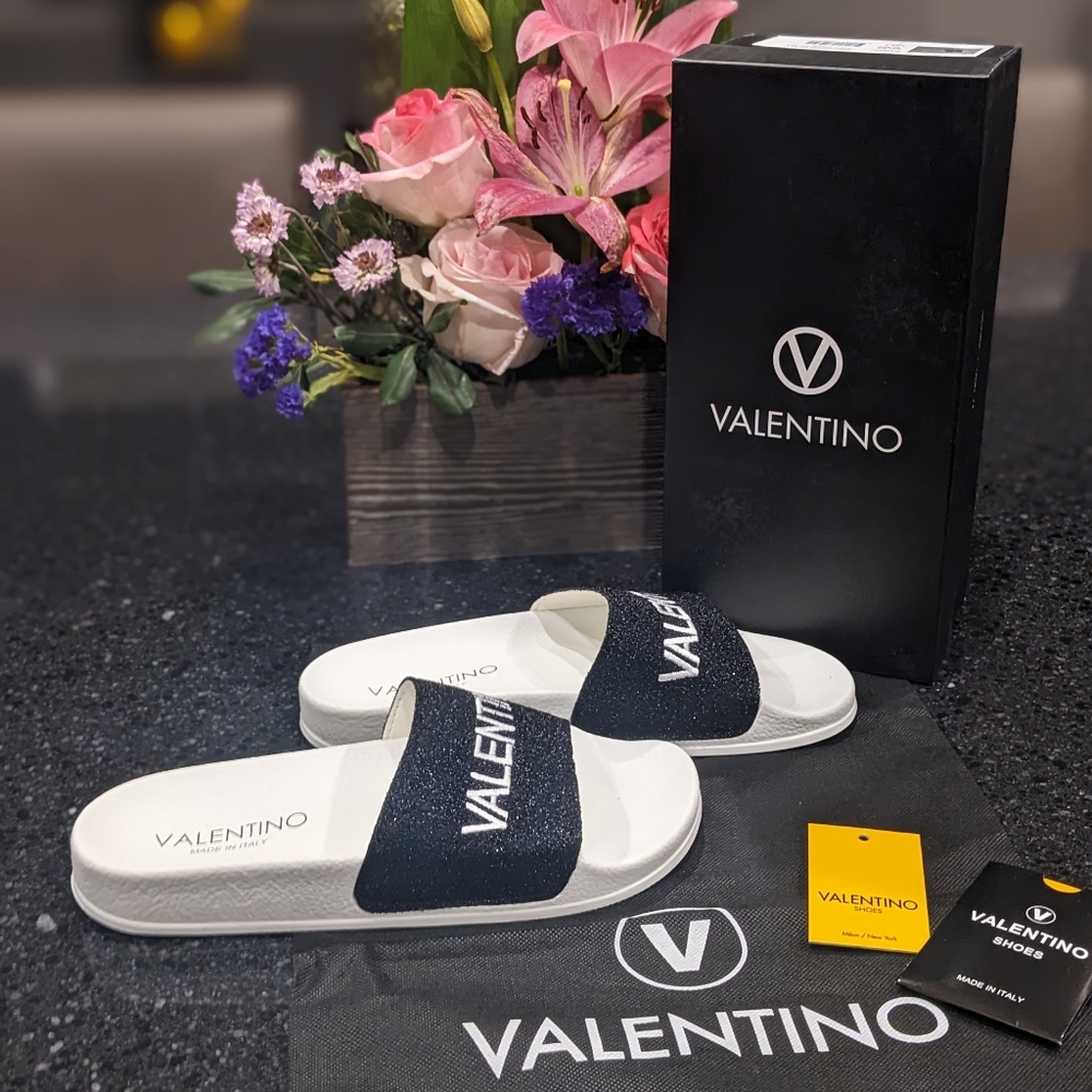 Valentino Black and White Sandals with Logo Strap